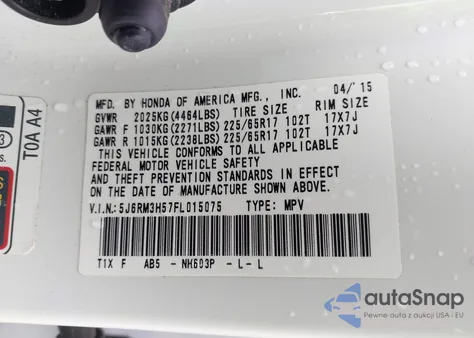 2015 Honda Cr-V Ex z USA, uszkodzony, nr VIN 5J6RM3H57FL015075